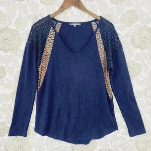 Miss me Waffle Knit Lace V neck Long Sleeve Shirt Women's M